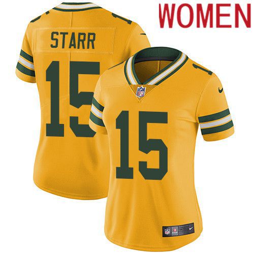 Women Green Bay Packers 15 Bart Starr Yellow Nike Vapor Limited NFL Jersey